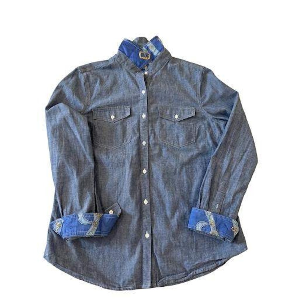 J.McLaughlin Womens M Chambray Denim Button Down Shirt Equestrian Print Cuffs